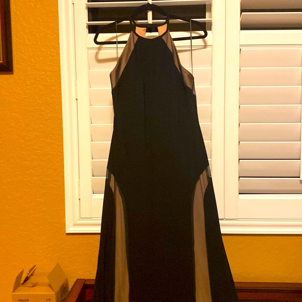 Black evening gown. Size 12. Shapely fit! Sides are skin color. Spectacular